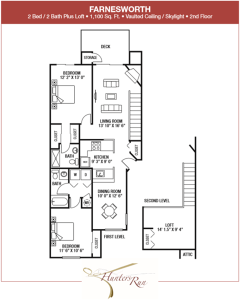 Floor plan for 2 beds, 2 baths, 1100 sqft